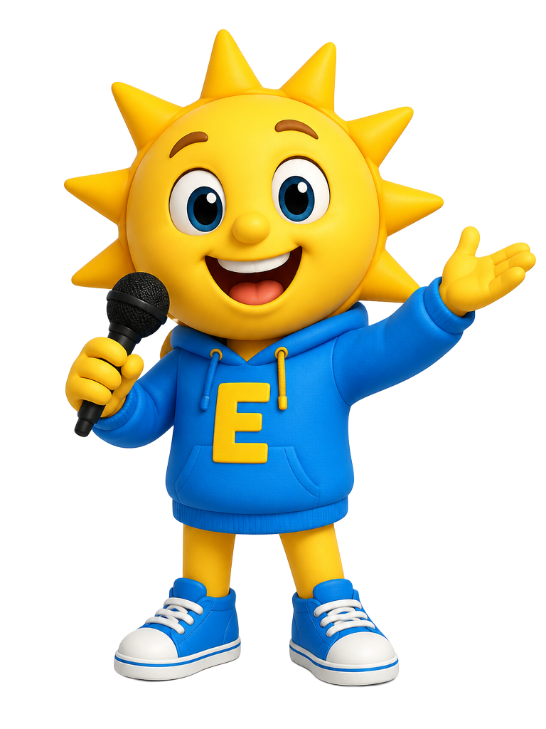 Sunny the sun holding a microphone on stage